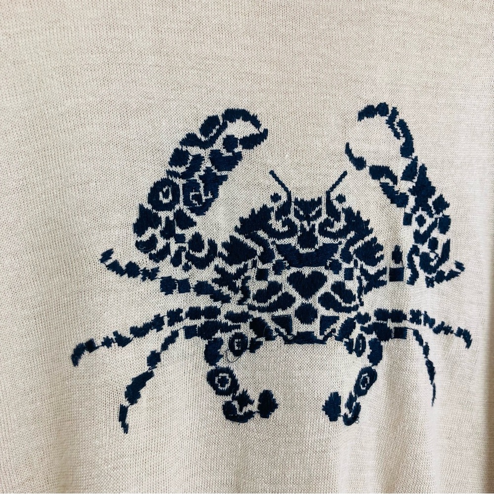J. Crew tan linen lightweight, long sleeve sweater with navy blue crab motif. M - Picture 3 of 5